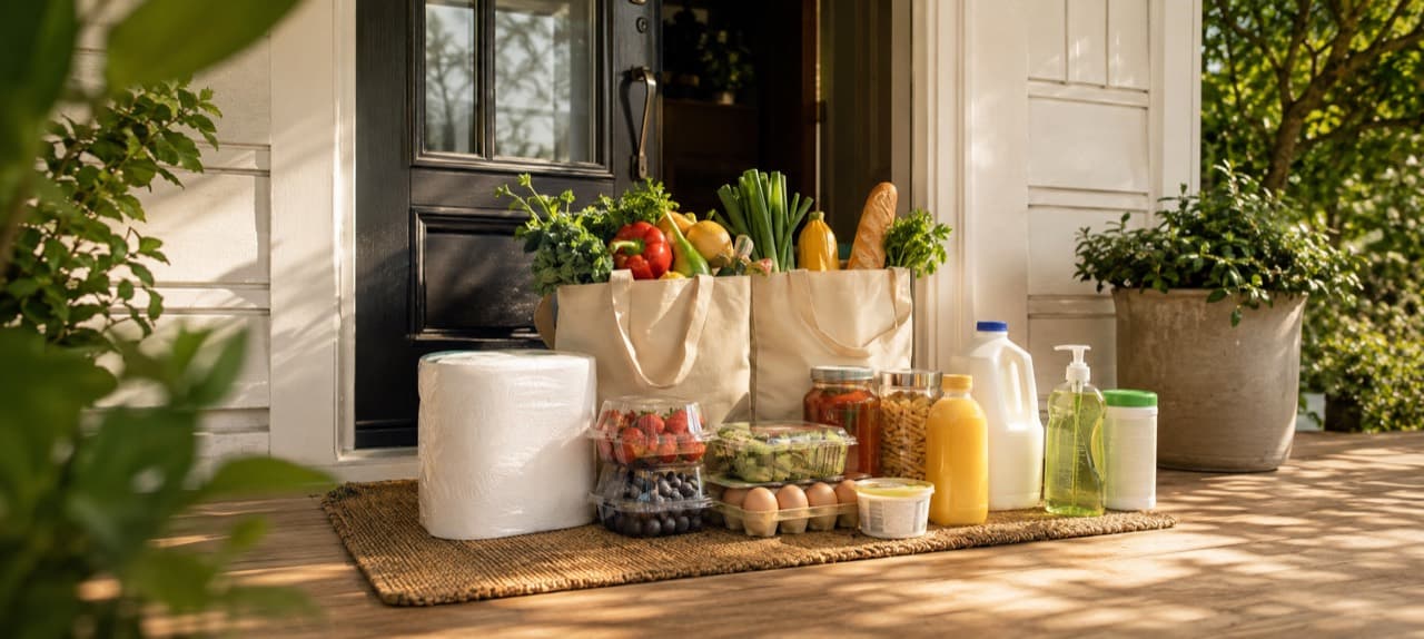Groceries and household essentials delivered at a front door